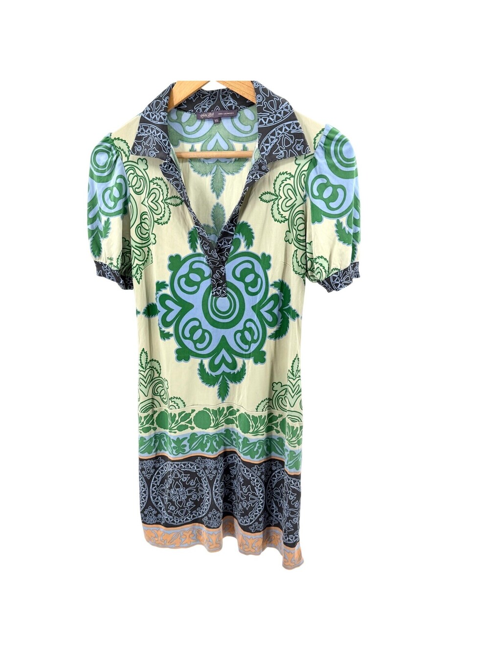 Vintage Y2K Hale Bob Green 100% Silk Print Polo Mini Dress